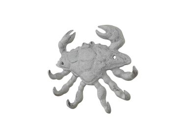 Whitewashed Cast Iron Decorative Crab with Six Metal Wall Hooks 7""
