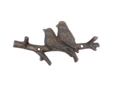 Rustic Copper Cast Iron Birds on Branch Decorative Metal Wall Hooks 8""