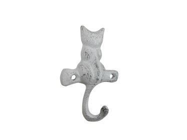 Whitewashed Cast Iron Cat on a Branch with Tail Decorative Metal Wall Hook 4""