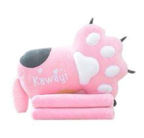 Cute Cat Paw Plush Sofa Bed Decorative Throw Pillow Cushion with Blanket for Office Home; Pink