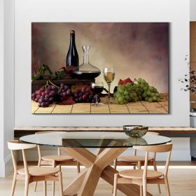 Framed Canvas Wall Art Decor Painting, Still Life Grape, and Wine Bottle Painting Decoration For Restaurant, Kitchen, Dining Room, Office Living Room,