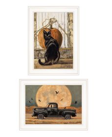 "Harvest Moon with A Black Cat & Truck" 2-Piece Vignette by Bonnie Mohr, Ready to Hang Framed Print, White Frame