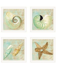 "Ocean Collection " 4-Piece Vignette By Sophie 6, Ready to Hang Framed Print, White Frame