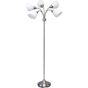 Five Light Floor Lamp, Brushed Steel, White Frosted Plastic Shade