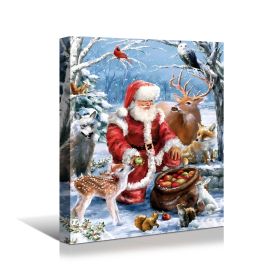 Framed Canvas Wall Art Decor Painting For Chrismas,Santa Claus with Cute Animals Painting For Chrismas Gift, Decoration For Chrismas Eve Office Living