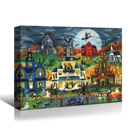 Drop-Shipping Framed Canvas Wall Art Decor Painting For Halloween, Haunted Ghost Town Painting For Halloween Gift, Decoration For Halloween Office Liv