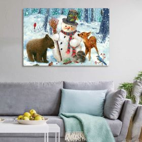Framed Canvas Wall Art Decor Painting For Chrismas, Cute Snowman with Bear Deer Chrismas Gift Painting For Chrismas Gift, Decoration For Chrismas Eve