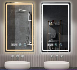 24x32inch LED Vanity Smart Mirror with time and temperature display, equipped with defogging and gradient 3-color lighting.