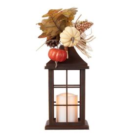 Way To Celebrate Harvest Set Of 2 Wood Color Lanterns- Pumpkin with LED battery candle