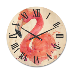 Designart 'Abstract Portrait of Pink Flamingo I' Farmhouse Wood Wall Clock