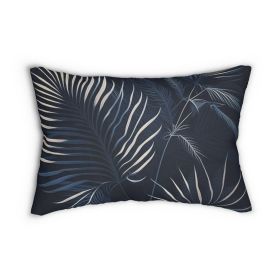 Decorative Lumbar Throw Pillow - White Line Art Palm Tree Leaves Navy Blue Background Minimalist Art