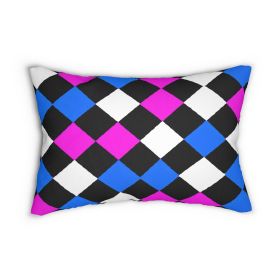 Decorative Lumbar Throw Pillow - Black Pink Blue Checkered Pattern