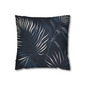 Decorative Throw Pillow Covers With Zipper - Set Of 2, White Line Art Palm Tree Leaves Navy Blue Background Minimalist Art