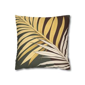 Decorative Throw Pillow Covers With Zipper - Set Of 2, Palm Tree Leaves Green Burgundy Background Minimalist Art