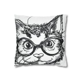 Decorative Throw Pillow Covers With Zipper - Set Of 2, Black And White Intense Cat Line Art Sketch Print