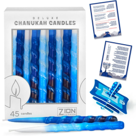 Premium Drip less Hand Made Decorated Hanukkah Candles Set of 45 Blue Shades Spiral Menorah Candles with Prayer Card and DIY Dreidel, Enough for Eight