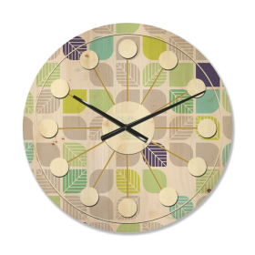 Designart 'Leaves With Geometric Pattern' Mid-Century Modern Wood Wall Clock