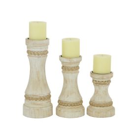 DecMode 3 Candle Cream Wood Candle Holder, Set of 3