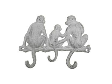 Whitewashed Cast Iron Sitting Monkey Family Decorative Metal Wall Hooks 8""