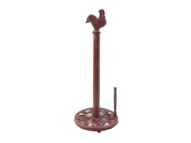 Rustic Red Whitewashed Cast Iron Rooster Paper Towel Holder 15""