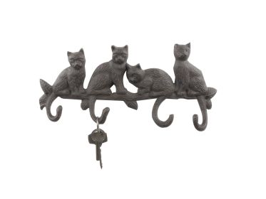 Cast Iron Sitting Cat Family Decorative Metal Wall Hooks 11""
