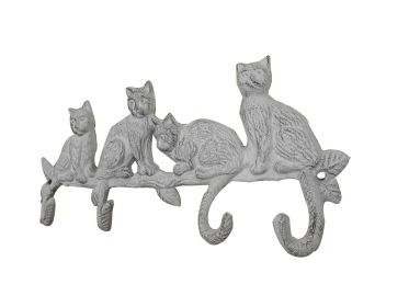 Whitewashed Cast Iron Sitting Cat Family Decorative Metal Wall Hooks 11""