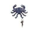 Rustic Dark Blue Cast Iron Decorative Crab with Six Metal Wall Hooks 7""