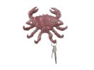 Red Whitewashed Cast Iron Decorative Crab with Six Metal Wall Hooks 7""