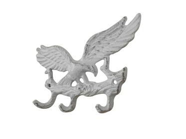 Whitewashed Cast Iron Flying Eagle Landing on a Tree Branch Decorative Metal Wall Hooks 7.5""