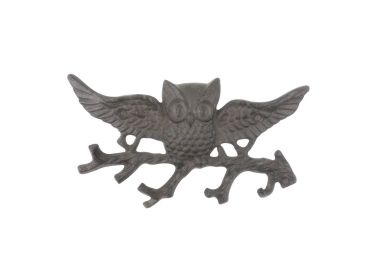 Cast Iron Flying Owl Landing on a Tree Branch Decorative Metal Wall Hooks 7.5""