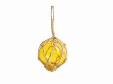 Yellow Japanese Glass Ball Fishing Float With Brown Netting Decoration 2""