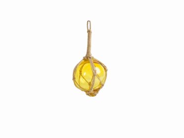 Yellow Japanese Glass Ball Fishing Float With Brown Netting Decoration 4""