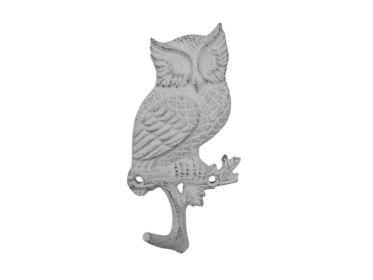 Whitewashed Cast Iron Owl Sitting on a Tree Branch Decorative Metal Wall Hook 6.5""
