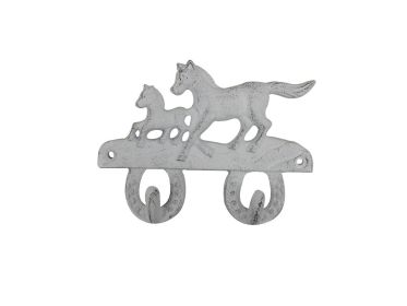 Whitewashed Cast Iron Running Horses with Decorative Metal Horseshoe Wall Hooks 5.5""