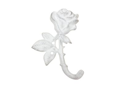Whitewashed Cast Iron Long Stem Rose Decorative Metal Wall Hook 5.5""