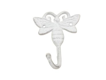Whitewashed Cast Iron Bee Decorative Metal Wall Hook 5""