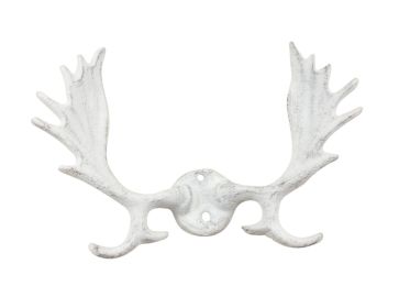Whitewashed Cast Iron Moose Antlers Decorative Metal Wall Hooks 9""