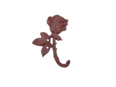 Rustic Red Whitewashed Cast Iron Long Stem Rose Decorative Metal Wall Hook 5.5""