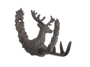 Cast Iron Reindeer with Wreath Decorative Metal Wall Hook 7""