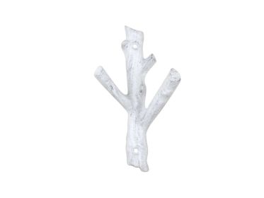 Whitewashed Cast Iron Tree Branch Double Decorative Metal Wall Hooks 7.5""