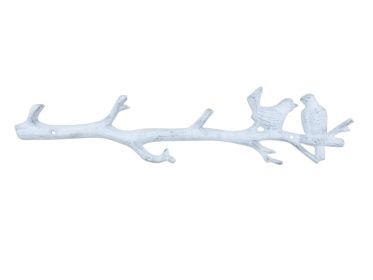 Whitewashed Cast Iron Love Birds on a Tree Branch Decorative Metal Wall Hooks 19""