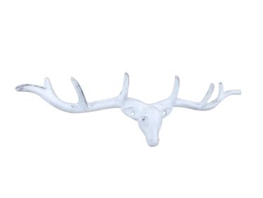 Whitewashed Cast Iron Large Deer Head Antlers Decorative Metal Wall Hooks 15""