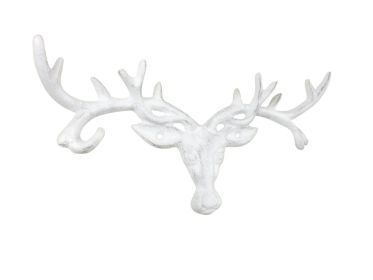 Whitewashed Cast Iron Deer Head Antlers Decorative Metal Wall Hooks 13""