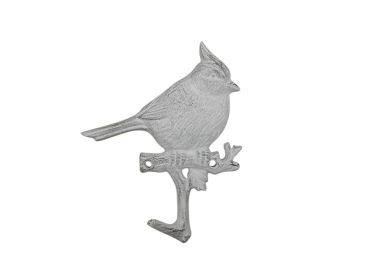 Whitewashed Cast Iron Cardinal Sitting on a Tree Branch Decorative Metal Wall Hook 6.5""