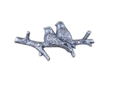 Rustic Silver Cast Iron Birds on Branch Decorative Metal Wall Hooks 8""