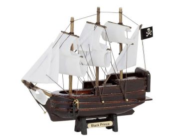 Wooden Ben Franklins Black Prince Model Pirate Ship with White Sails Christmas Ornament 7""