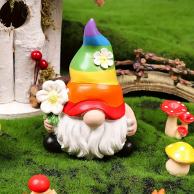 1pc Garden Rainbow Gnome Resin Statue, Faceless Doll Figure Miniature Decoration For Lawn Home Indoor Outdoor Patio Yard Garden Lawn Porch Decor (Color: Colorful Goblin With Flowers)
