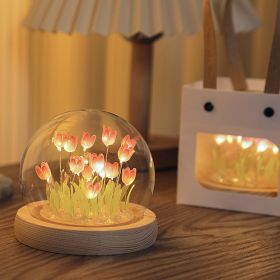 1pc Tulips Gifts For Women Flower Gifts For Her Gifts For Women Birthday Xmas Gift For Mom; Artificial Decor In Glass Dome With Led Light Night Light; (Color: 10 Finished Pink Tulips + Gift Bag)