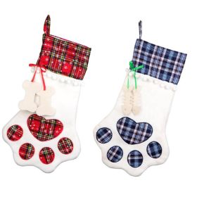 Christmas Gift Bags Pet Dog Cat Paw Stocking Socks Plaid Xmas Tree Ornaments (Color: Red)