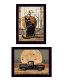 "Harvest Moon with A Black Cat & Truck" 2-Piece Vignette by Bonnie Mohr, Ready to Hang Framed Print, Black Frame (Color: as Pic)